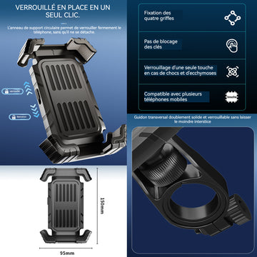 Support telephone moto 15x9,5cm 360 degrés rotation 18-28mm guidon diamètre porte telephone velo portable pour vélo électrique